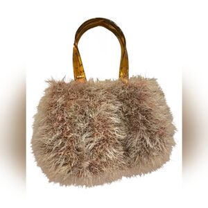 Vintage Crocheted Mohair Hand Bag W/ Amber Acrylic Handles Soft Taupe Never Used